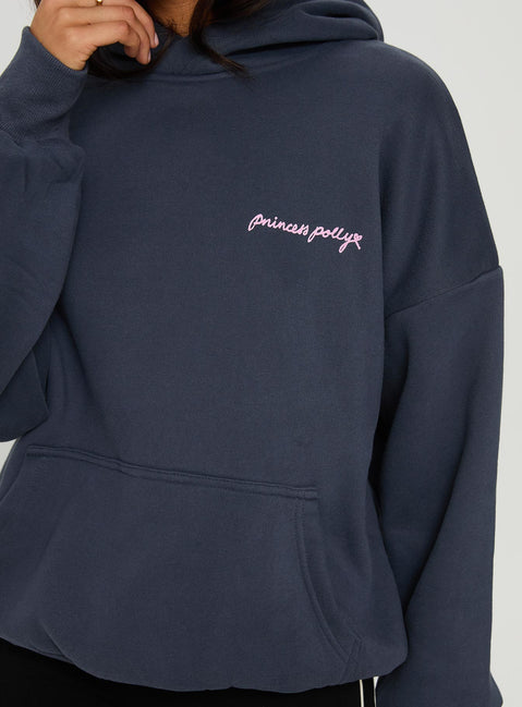 side view of model wearing Princess Polly Princess Polly Love Letter Graphic Hoodie Slate Grey 