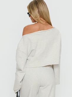 back view of model wearing Princess Polly Retreat Raw Edge Off Shoulder Jumper Snow Marle cropped 