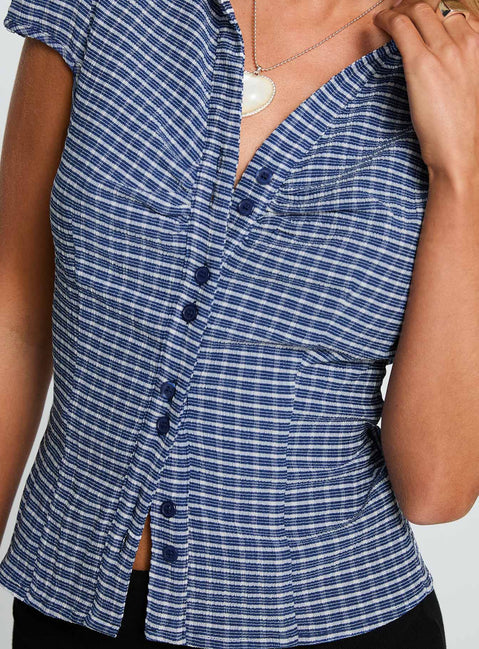 back view of model wearing Princess Polly Arianwyn Short Sleeve Shirt Navy Check Short Sleeves V-Neck 