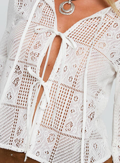 back view of model wearing Princess Polly Mine For Life Crochet Long Sleeve Top White Full Sleeves Crew Neck 