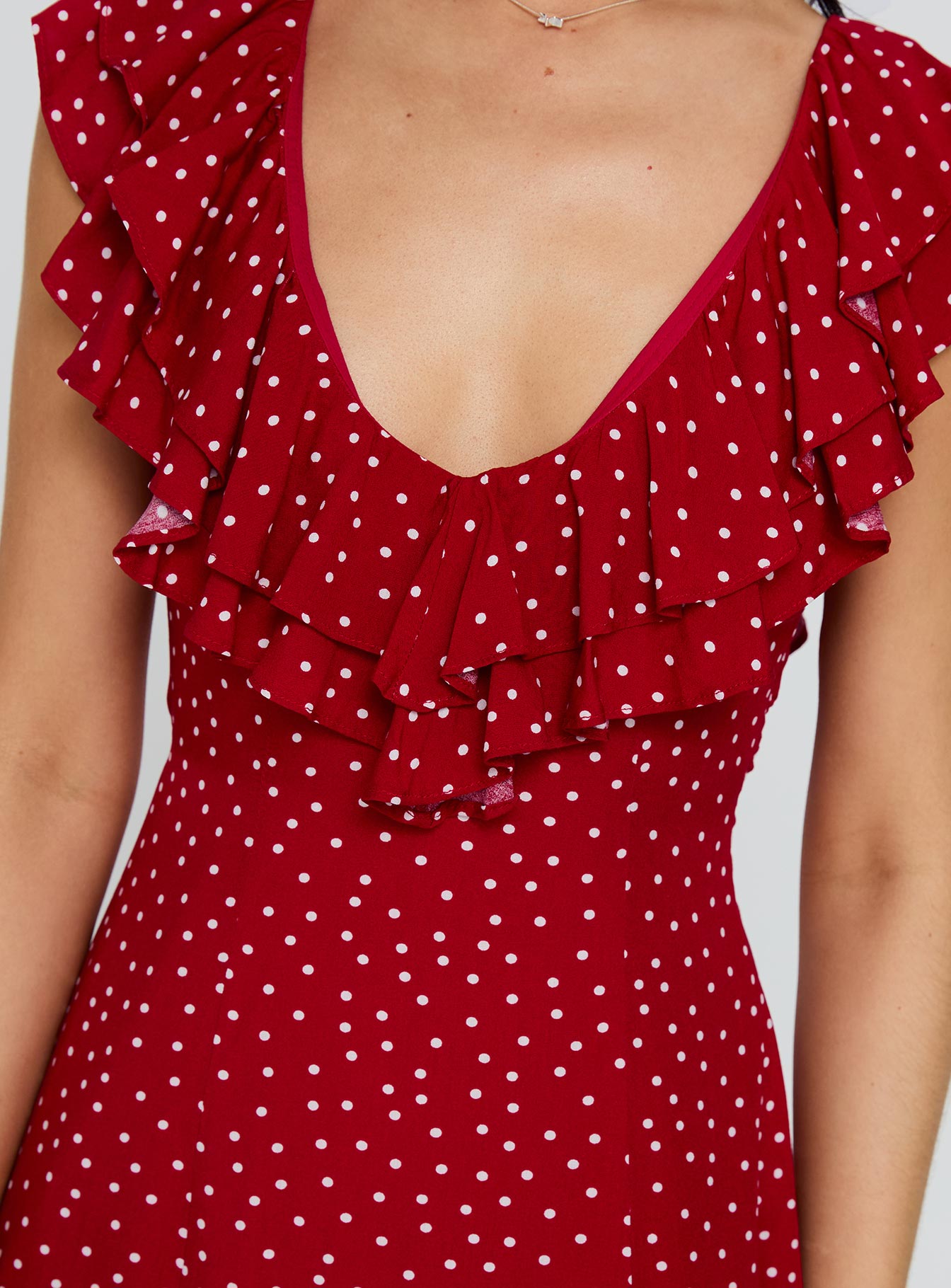 front view of model wearing Princess Polly Cherry Schnapps Flutter Mini Dress Red Polka V-Neck 