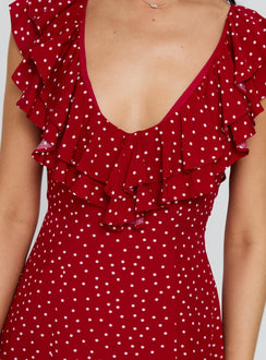 front view of model wearing Princess Polly Cherry Schnapps Flutter Mini Dress Red Polka V-Neck 