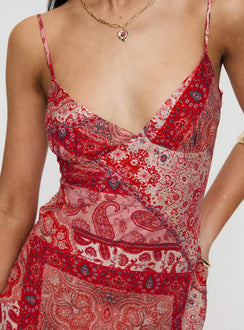 back view of model wearing Princess Polly Sugar Plum Maxi Dress Red Paisley V-Neck 