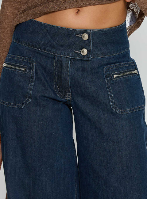 Unwritten Mid Rise Wide Leg Jeans Dark Blue Wash Tall