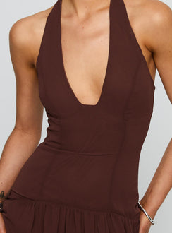 back view of model wearing Princess Polly Chestnut Drop Waist Maxi Dress Brown Plunger 