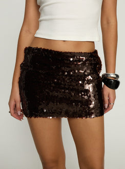   front view of model wearing Princess Polly Lanita Sequin Mini Skirt Chocolate Mini Skirts Skirts 