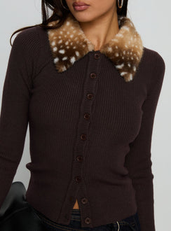 front view of model wearing Princess Polly Chiqueeta Faux Fur Trim Knit Cardigan Brown cropped 