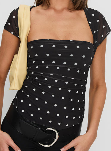 Attraction Cap Sleeve Mesh Top Black Polka