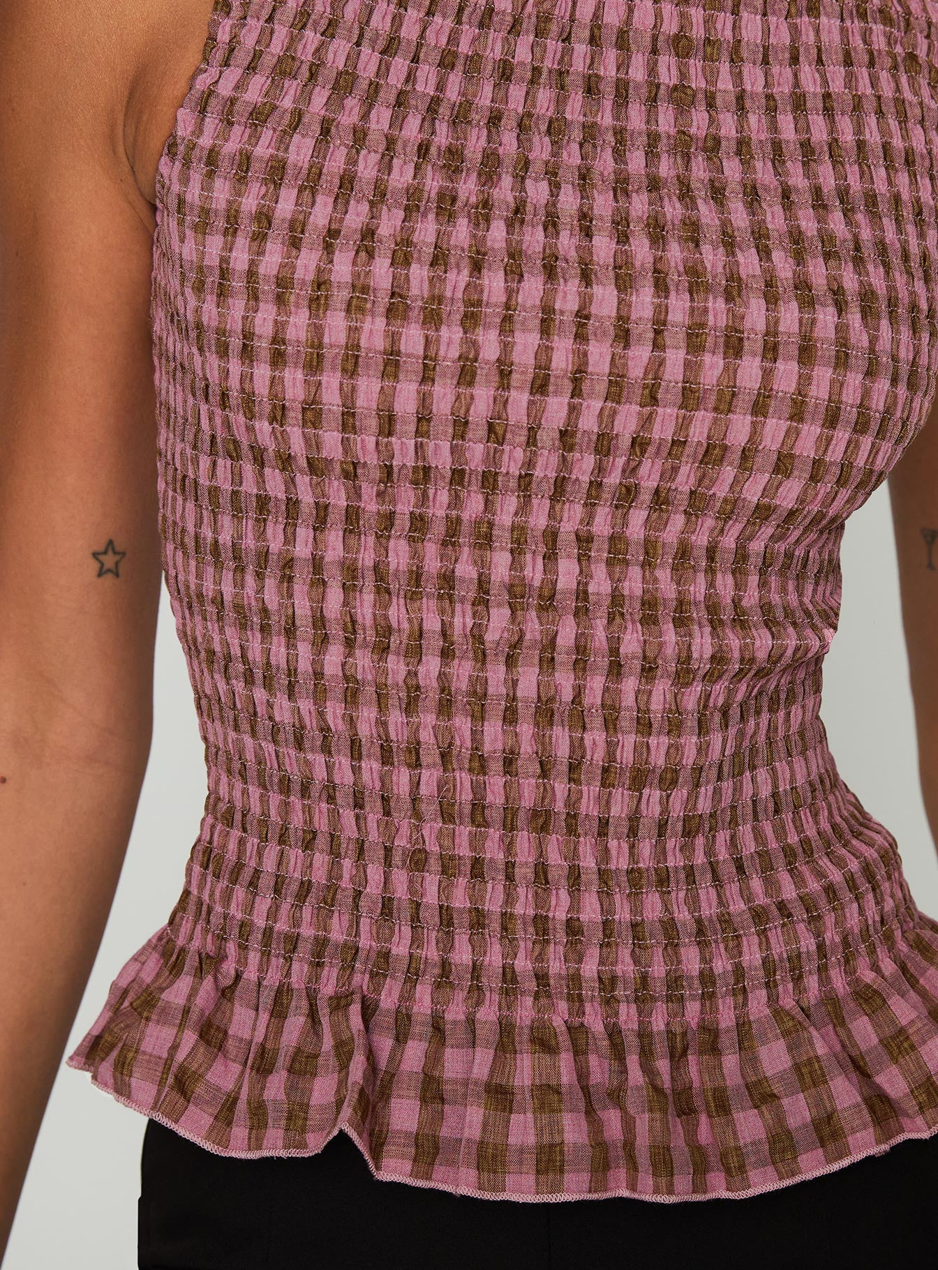 back view of model wearing Princess Polly Chauntelle Ruched Top Pink Check Sleeveless Crew Neck 