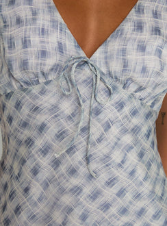 back view of model wearing Princess Polly My Last Love Top Blue Check Short Sleeves Plunger 