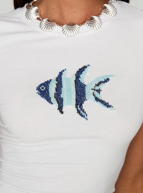 back view of model wearing Princess Polly Rising Sun Beaded Top White Short Sleeves Crew Neck 