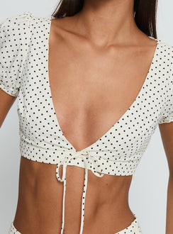 Alletta Tie Up Micro Crop Top Cream Polka