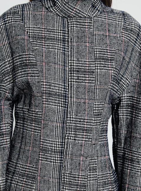 Cathrine Cinched High Neck Jacket Grey Plaid