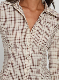 Cottesloe Long Sleeve Blouse Top Brown Check