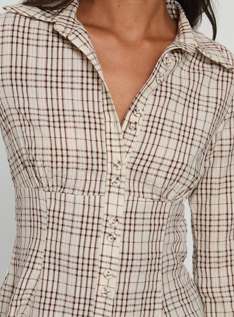 Cottesloe Long Sleeve Blouse Top Brown Check