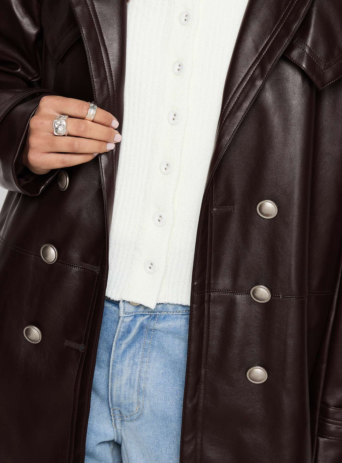 High Standards Faux Leather Trench Coat Brown