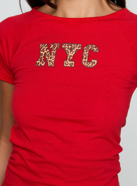 back view of model wearing Princess Polly Nyc Leopard Graphic Top Red Short Sleeves Crew Neck 