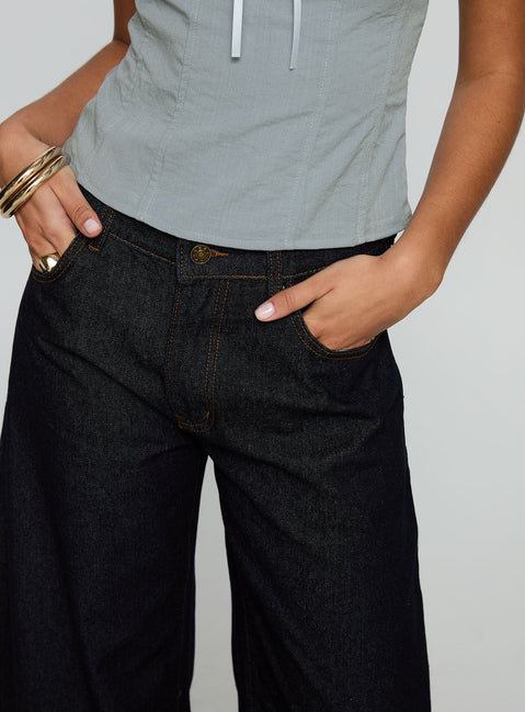 Horseshoe Mid Rise Barrel Leg Jeans Dark Denim