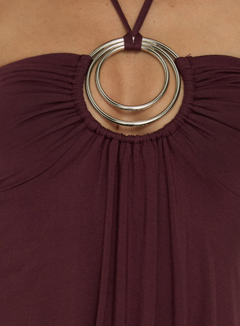 Betsey Ring Detail Tie Neck Mini Dress Burgundy