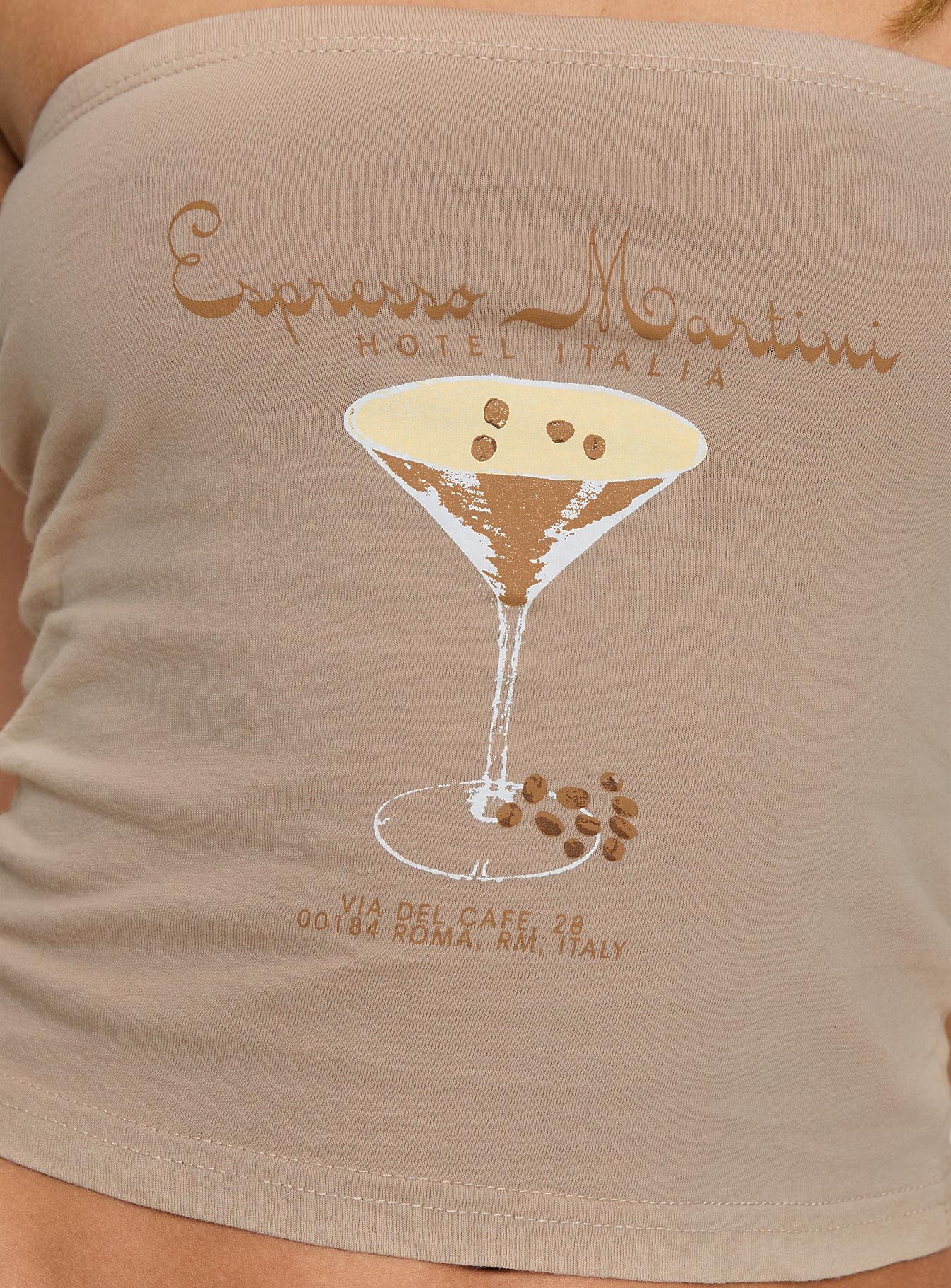 Brown Strapless graphic top Good stretch, unlined