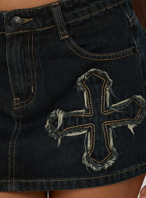 Barracuda Applique Denim Mini Skirt Grunge Wash