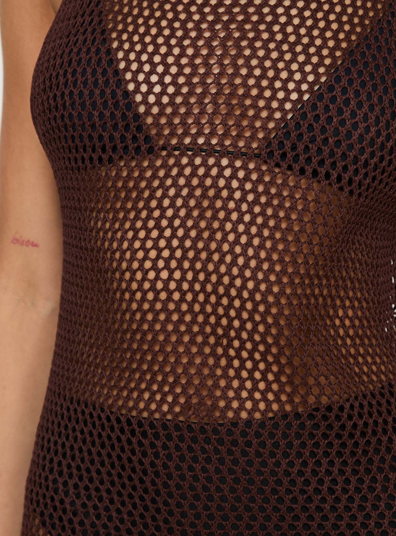 Brown Maxi dress Knit material, high neckline Slight stretch, unlined, sheer