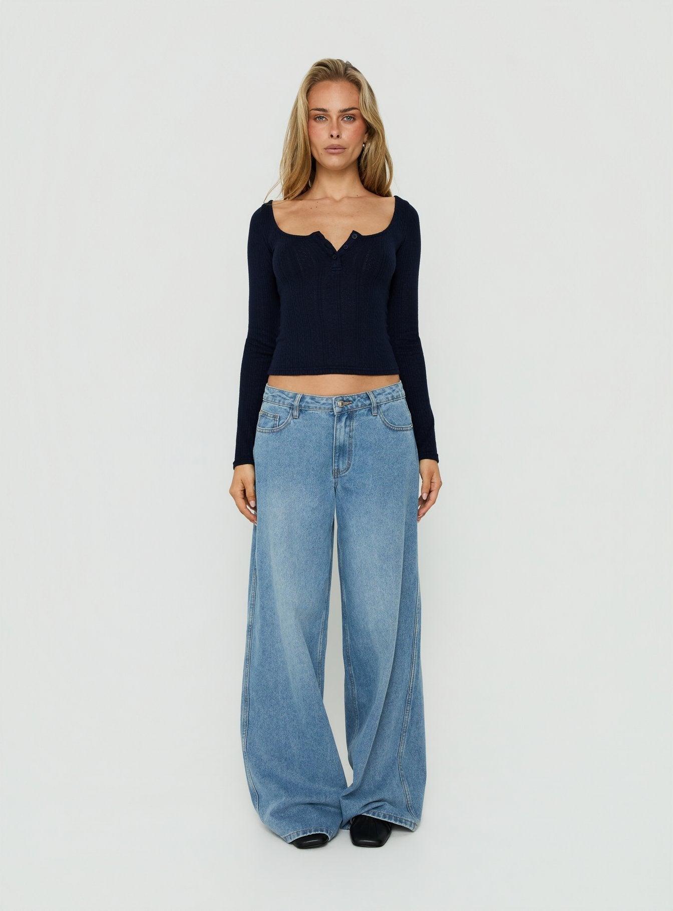 Imalee Long Sleeve Scoop Pointelle Top Navy
