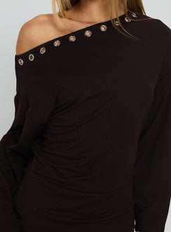 Sakaia Long Sleeve Eyelet Mini Dress Brown