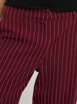 Pinstripe pants High rise fit, belt looped waist, zip & button fastening Non-stretch material, unlined 