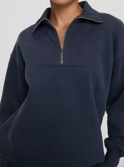 back view of model wearing Princess Polly Dream Fleece Quarter Zip Sweatshirt Navy 