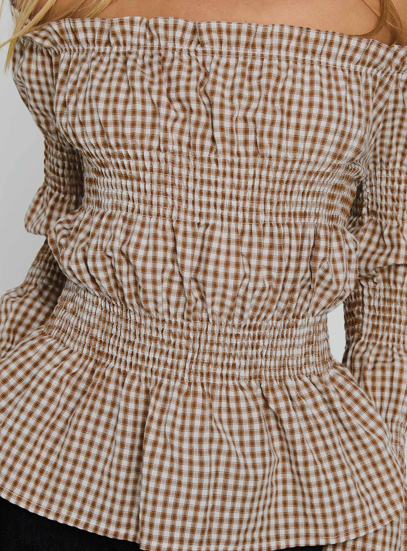 Kaitlynne Off Shoulder Long Sleeve Top Brown Check