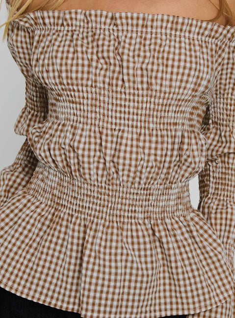 Kaitlynne Off Shoulder Long Sleeve Top Brown Check