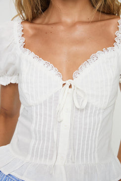 White Puff sleeve, v-neckline, pleats at front, button fastening down front, lace trim, fril hem