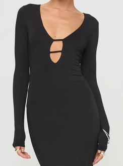 Long sleeve maxi dress Low neckline, cut out detail at bust Good stretch, fully lined Princess Polly Lower Impact