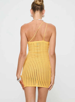 Yellow Mini dress Crochet material, one shoulder style, fixed straps
