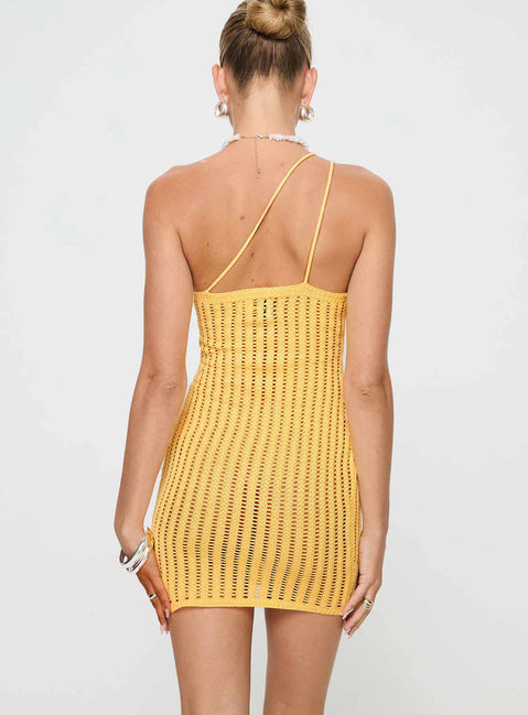 Yellow Mini dress Crochet material, one shoulder style, fixed straps