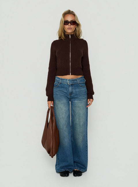Ives Knit Zip Through Jumper Dark Brown
