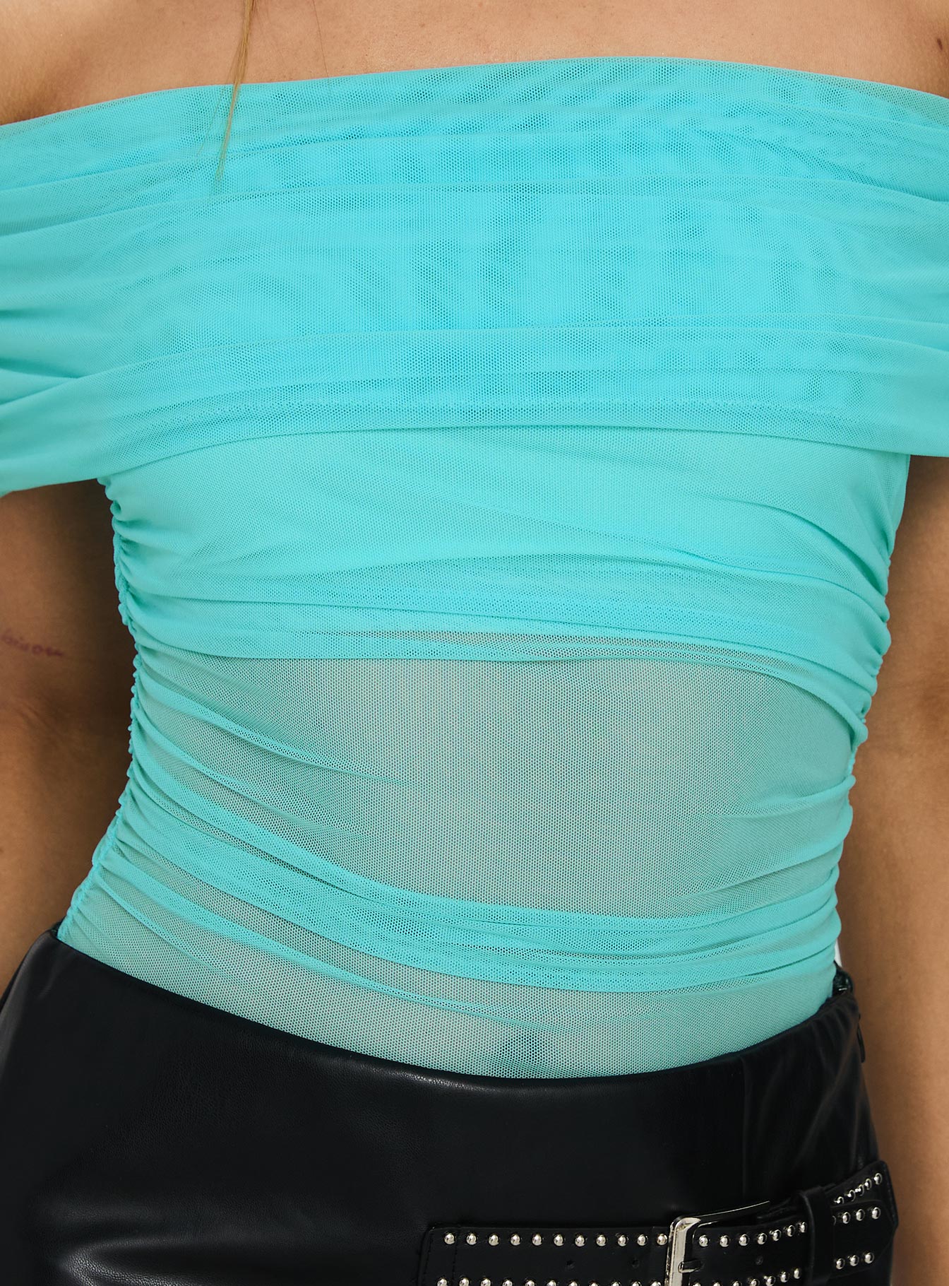 back view of model wearing Princess Polly Dreamscapes Off Shoulder Mesh Bodysuit Blue Sleeveless 