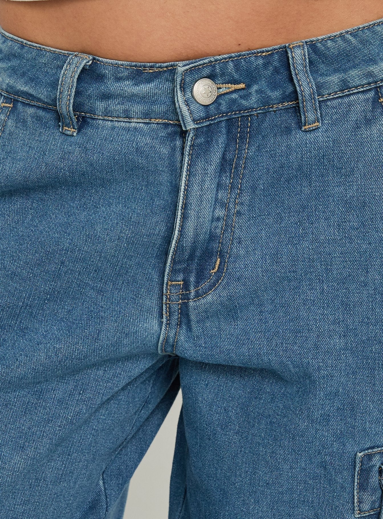 Hudsen Longline Cargo Denim Jorts Mid Blue Wash
