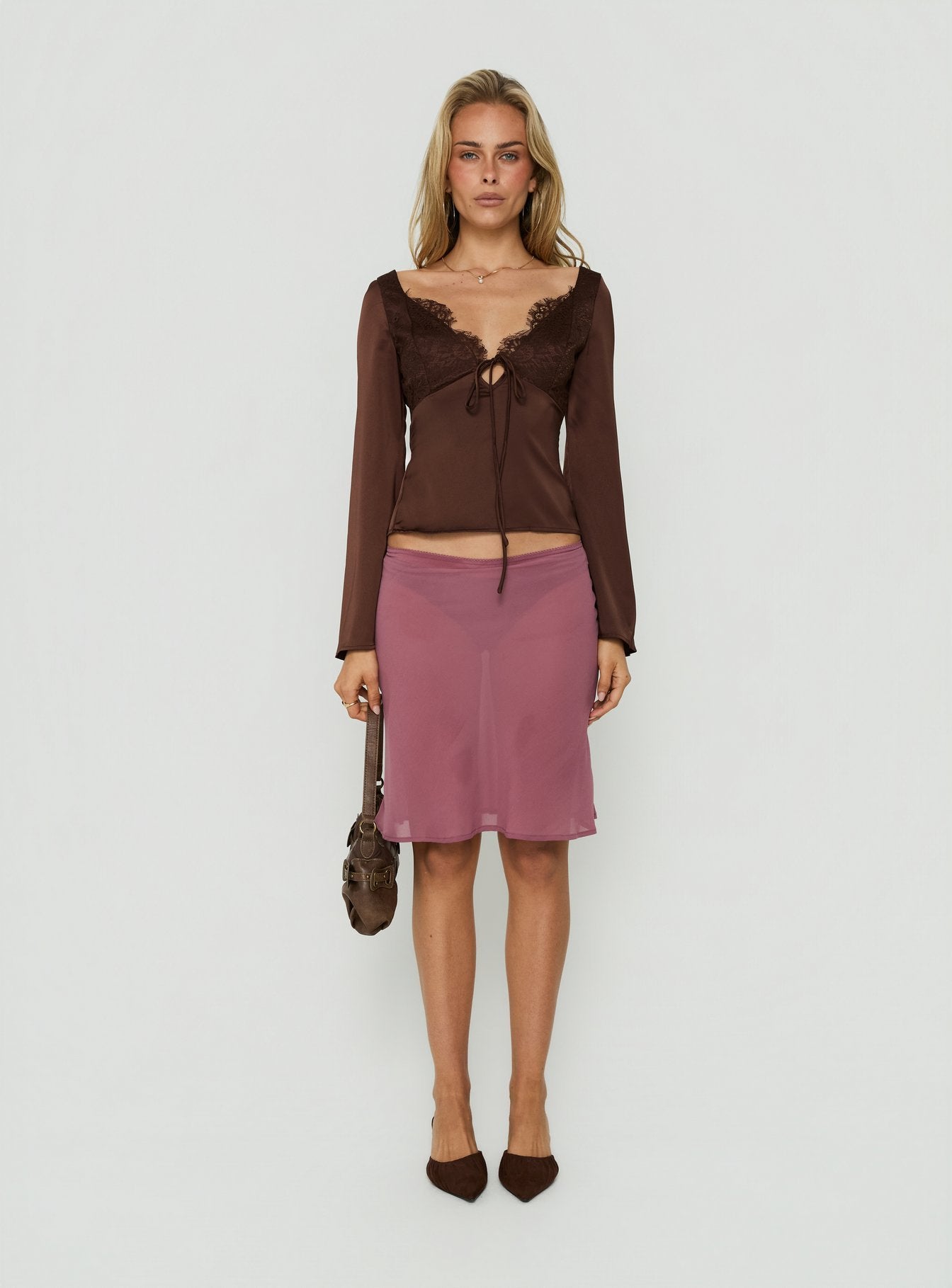 Jerelyn Lace Bust Long Sleeve Top Chocolate