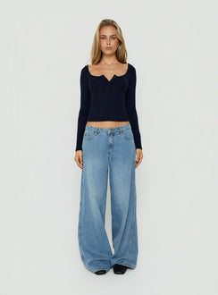 Imalee Long Sleeve Scoop Pointelle Top Navy
