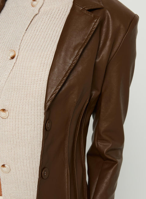 Speak Easy Long Line Faux Leather Coat Brown