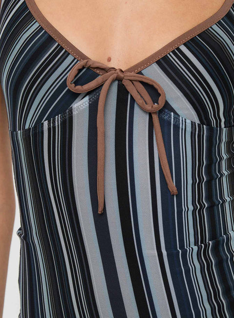 Black striped Striped mini dress V neckline, fixed shoulder straps, tie detail at bust
