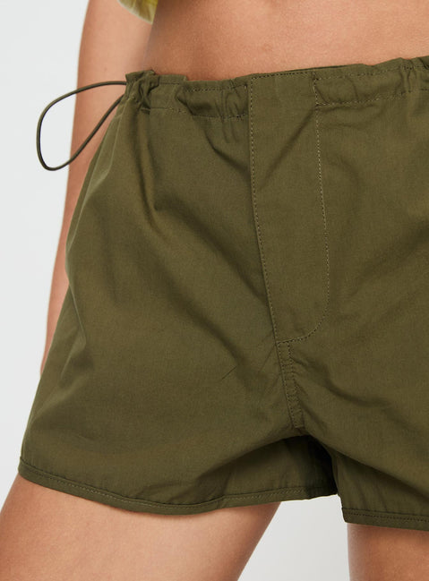 Olive Low rise shorts Drawstring waistband, twin hip pockets, dolphin hem