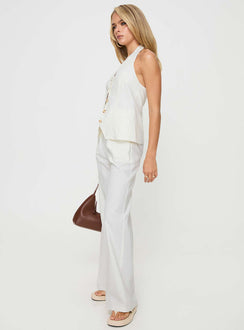 White Matching linen set Halter neck top, fixed halter strap, button fastening at front, twin hip pockets High rise pants, belt looped waist, zip and button fastening, elasticated waistband at back, twin hip pockets, straight leg
