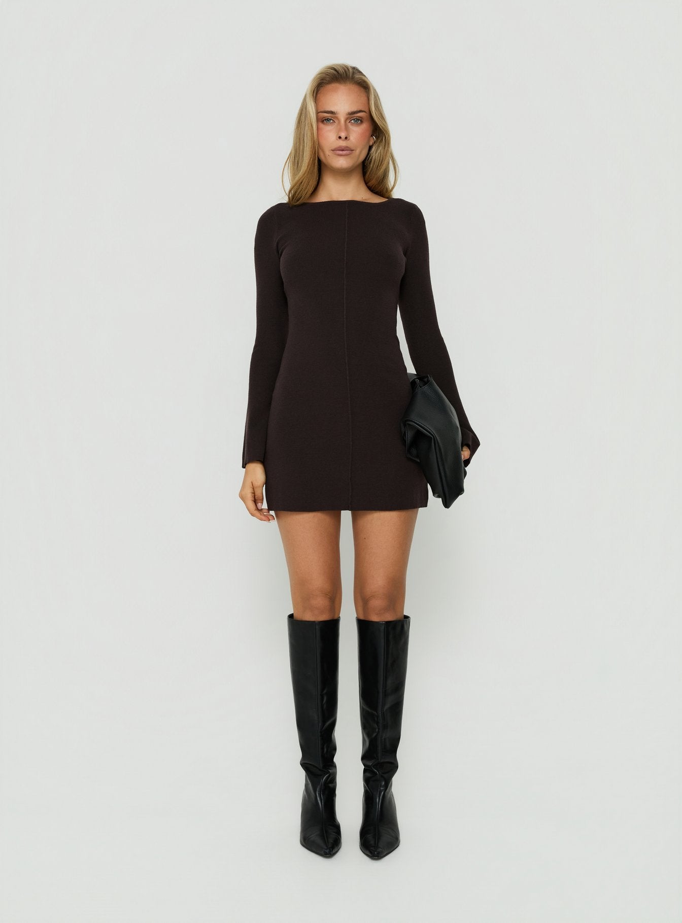 Samire Long Sleeve Rib Knit Mini Dress Chocolate