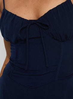 back view of model wearing Princess Polly Eleanora Maxi Dress Navy Sweetheart Neckline 