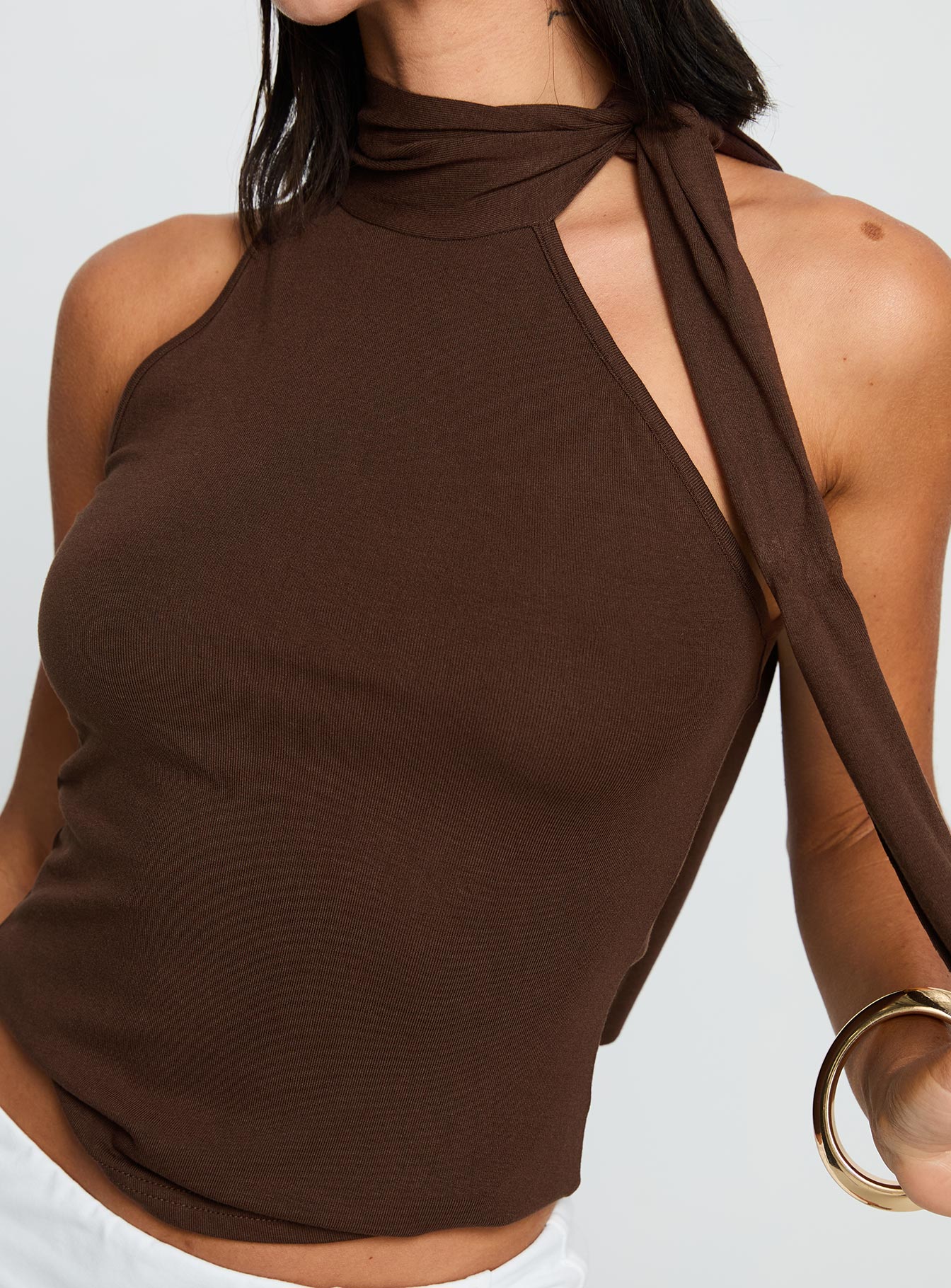 back view of model wearing Princess Polly Mathias Top Chocolate Sleeveless High Neck 