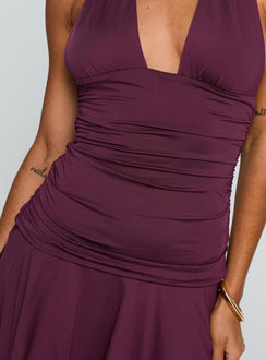 back view of model wearing Princess Polly Intrigue Halter Mini Dress Plum Plunger 
