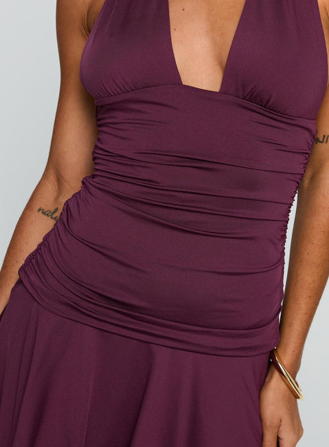 back view of model wearing Princess Polly Intrigue Halter Mini Dress Plum Plunger 